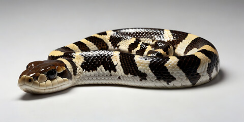 Fototapeta premium a coiled snake with various unique patterns and types, lying on a white background. Realistic view. created with generative AI