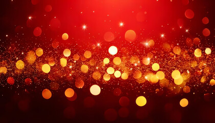 Abstract blurred bokeh warm lights on red background - festive Christmas and new year holiday template with glittering defocused stars and sparkling