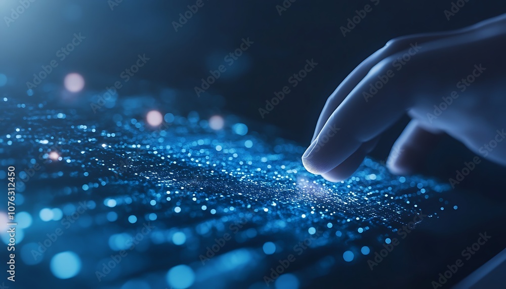 Poster a close-up of a hand interacting with a glowing digital surface, showcasing vibrant blue particles a