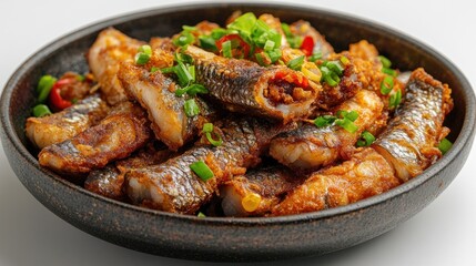 Fototapeta premium Crispy Fried Fish with Green Onions and Chili Peppers