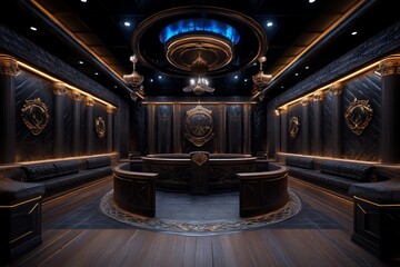 A dark, gothic courtroom with intricate wood carvings, dark colors, and vintage justice symbols