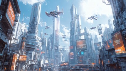 Naklejka premium Futuristic Cityscape with Flying Vehicles