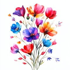 A vibrant watercolor bouquet of colorful flowers in shades of blue, purple, red, orange and yellow.