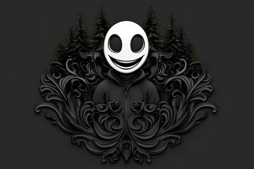 A gothic-style illustration of a person smiling in a moody forest, symbolizing joy in a mysterious, shadowy setting
