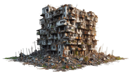 Destroyed building houses isolated on transparent background
