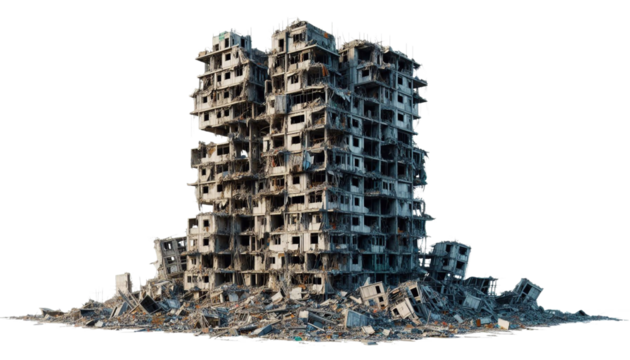 Destroyed building houses isolated on transparent background