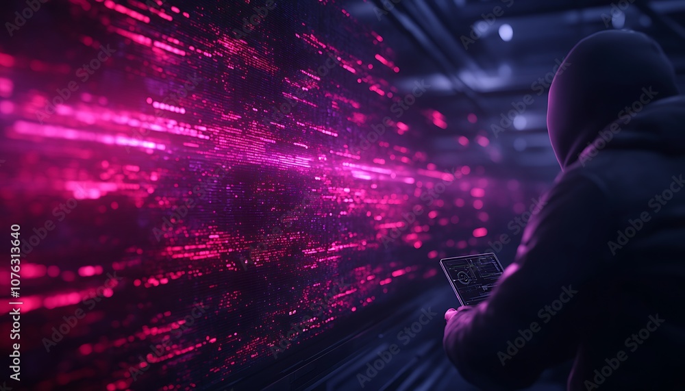 Poster A hooded figure interacts with a futuristic, illuminated digital interface, surrounded by vibrant pink data streams, suggesting themes of hacking and technology.