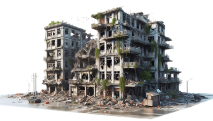 Destroyed building houses isolated on transparent background
