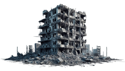 Destroyed building houses isolated on transparent background