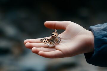 Obraz premium A hand gently holding a butterfly, capturing the beauty of nature and fragility
