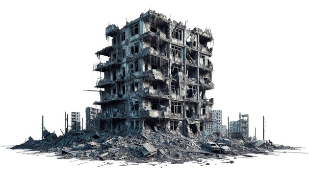 Destroyed building houses isolated on transparent background