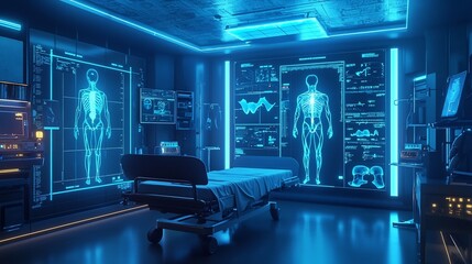 Futuristic High Tech Hospital Room with Glowing Holographic Patient Anatomy Displays