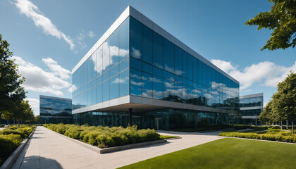 Modern Glass Office Building Under Blue Sky