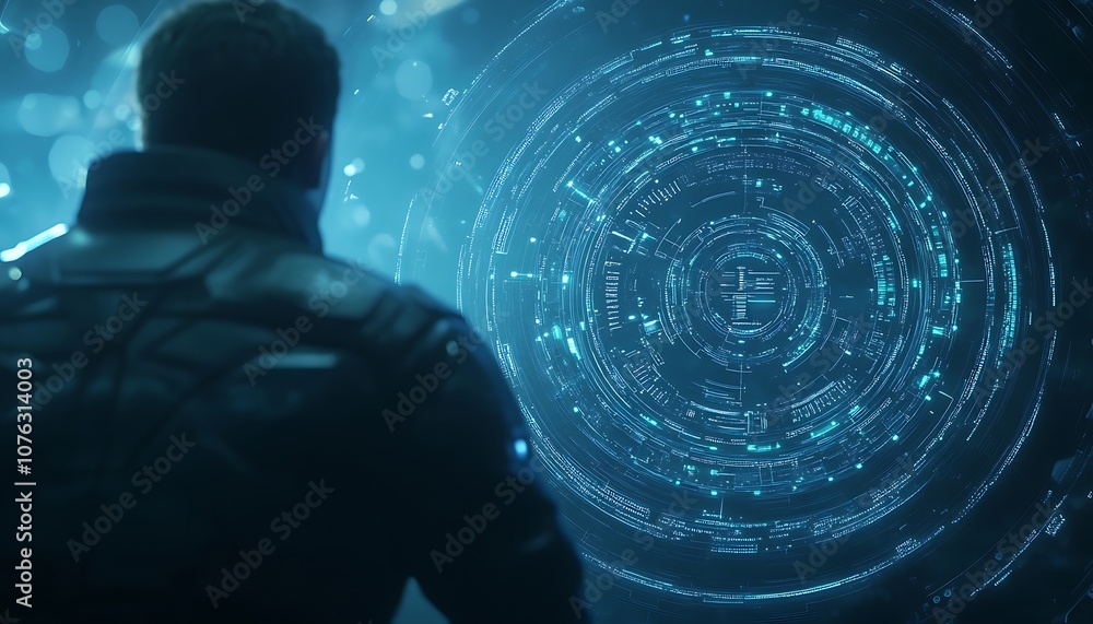Aufkleber a figure gazes at a glowing digital interface, surrounded by ethereal lights, conveying a futuristic