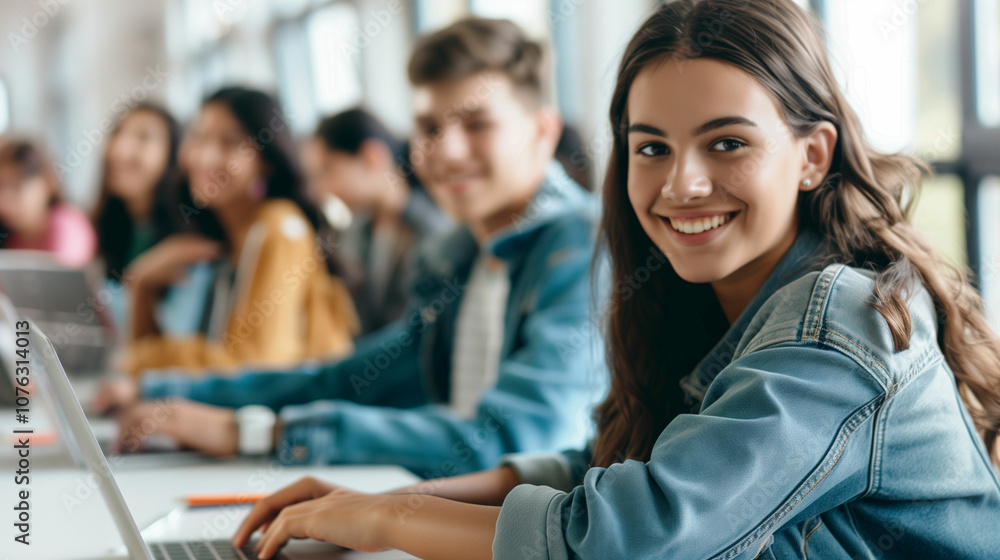 Poster group of diverse students using laptops in classroom, smiling at camera.