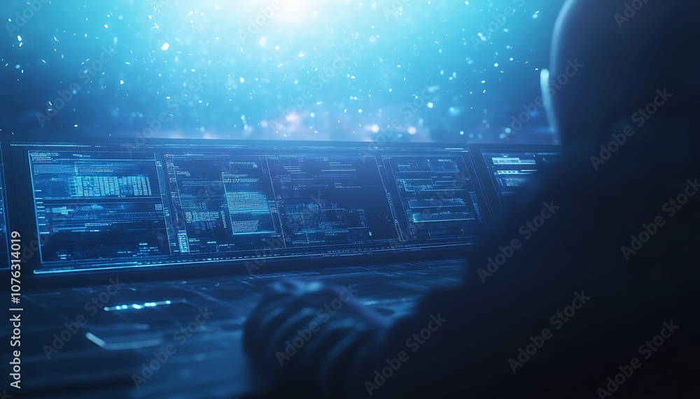 Poster a figure operates a futuristic control panel in a starry, ethereal environment, surrounded by blue l
