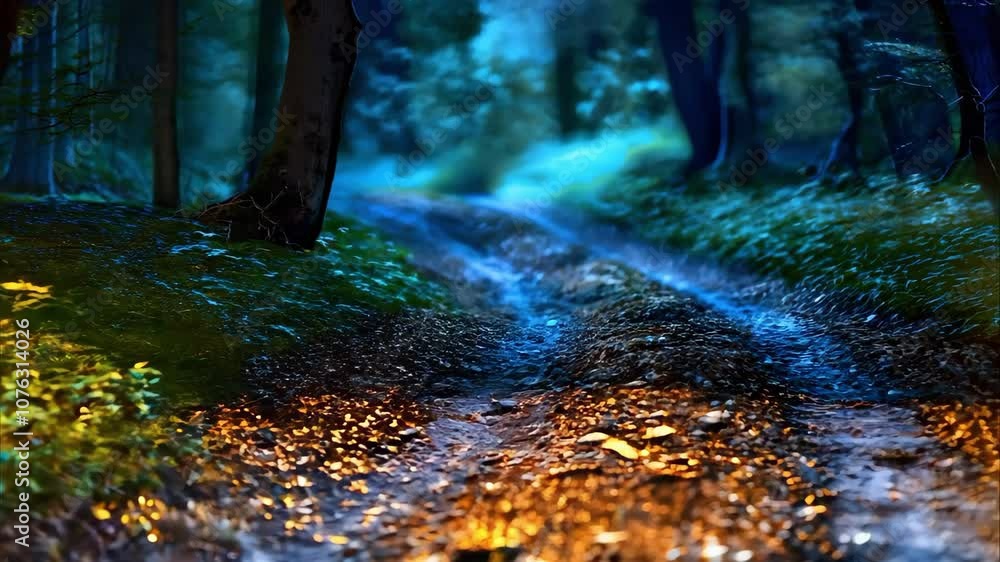 Aufkleber a serene forest path illuminated by soft light, surrounded by trees and foliage, creating an invitin
