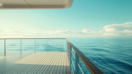 Serene ocean view from a modern deck at sunset with soft clouds and calm waters reflecting warm hues