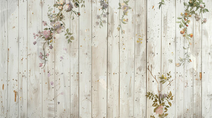 Whitewashed wood panel wall with floral design