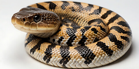Obraz premium a coiled snake with various unique patterns and types, lying on a white background. Realistic view. created with generative AI