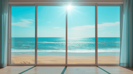 Bright sunlight streaming through large windows offers a stunning view of the ocean and sandy beach at midday
