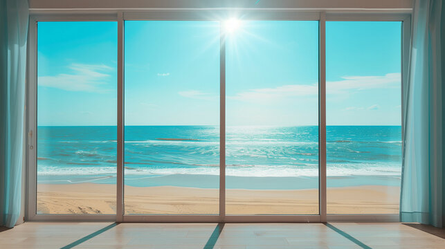 Fototapeta Bright sunlight streaming through large windows offers a stunning view of the ocean and sandy beach at midday