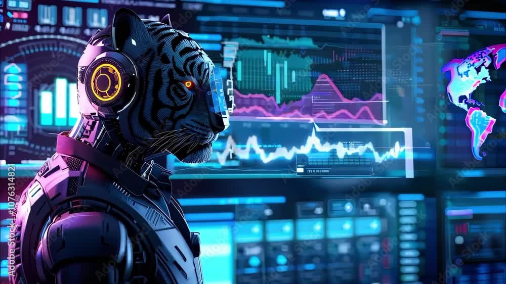 Aufkleber a futuristic robotic tiger with a headset in a high-tech environment featuring screens and data visu