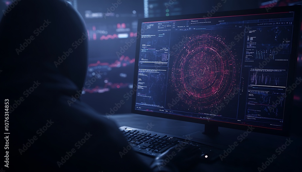 Poster A hooded figure interacts with a high-tech computer display featuring intricate digital graphics and data visualizations, evoking a sense of cybersecurity or hacking.
