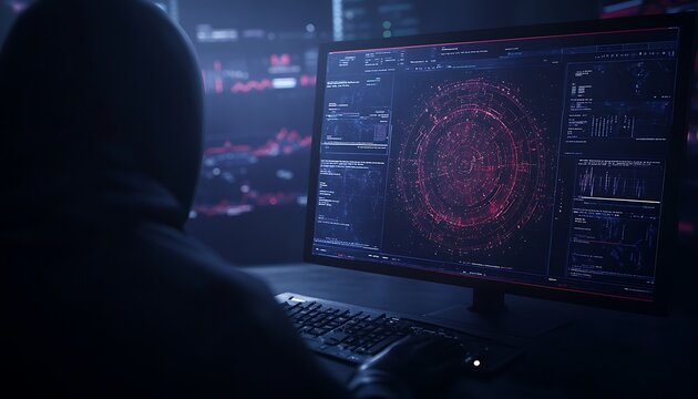 A hooded figure interacts with a high-tech computer display featuring intricate digital graphics and data visualizations, evoking a sense of cybersecurity or hacking. - Powered by Adobe