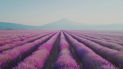 Panoramic view of a lavender field in the french countryside at sunrise