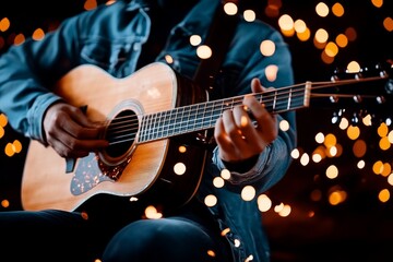 Obraz premium A person playing guitar with friends around a campfire, surrounded by laughter and joy