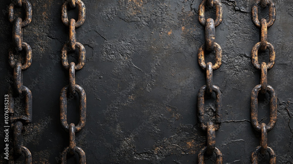 Poster weathered rusty chains hanging on a dark textured background creating an industrial and grungy atmos