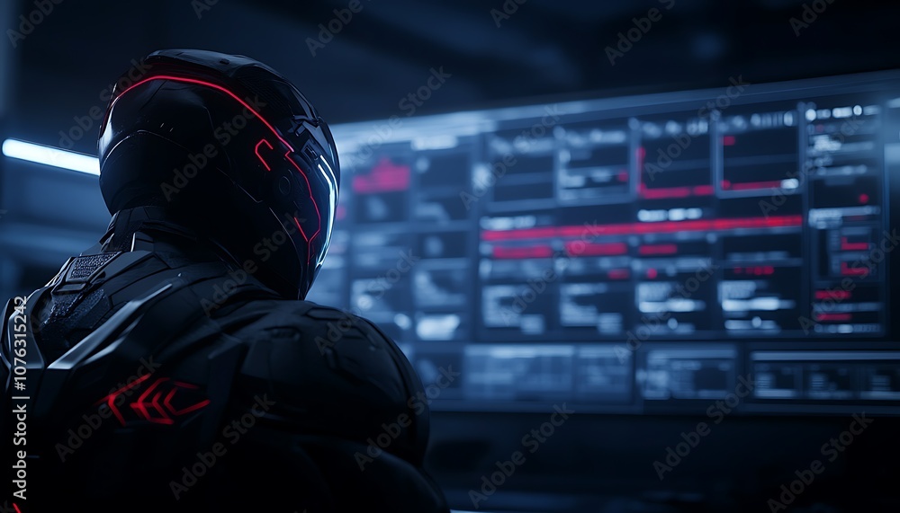Poster A futuristic figure in a dark helmet analyzes data on a high-tech screen filled with various weapon stats and information in a dimly lit environment.
