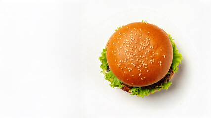 Top down view of a single hamburger bun on a plain white background. Сompositions for advertisements, or recipe visuals with room for customization