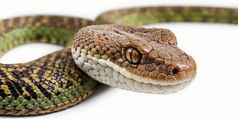 Obraz premium a coiled snake with various unique patterns and types, lying on a white background. Realistic view. created with generative AI