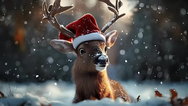 Adorable reindeer wearing a Santa hat in a snowy winter landscape.