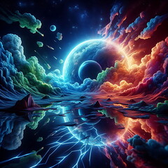 Earth Background, Colorful Landscape with Neon Lights, Bright and Tranquil Nature, for Home Decor, YouTube Thumbnail, Design, Music Cover Art, 4K Wallpaper