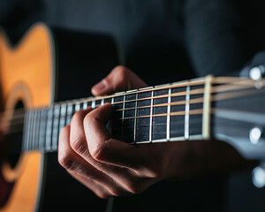 Fototapeta premium Close up of musician hands playing guitar strings, showcasing skill and passion. warm tones of guitar contrast beautifully with dark background