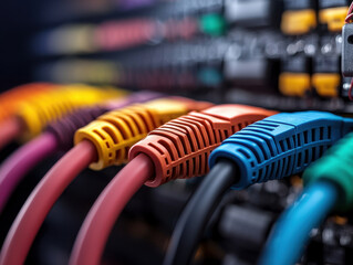 Close up of color coded cables neatly tied together, showcasing vibrant hues and organized connections. This highlights importance of cable management in technology setups