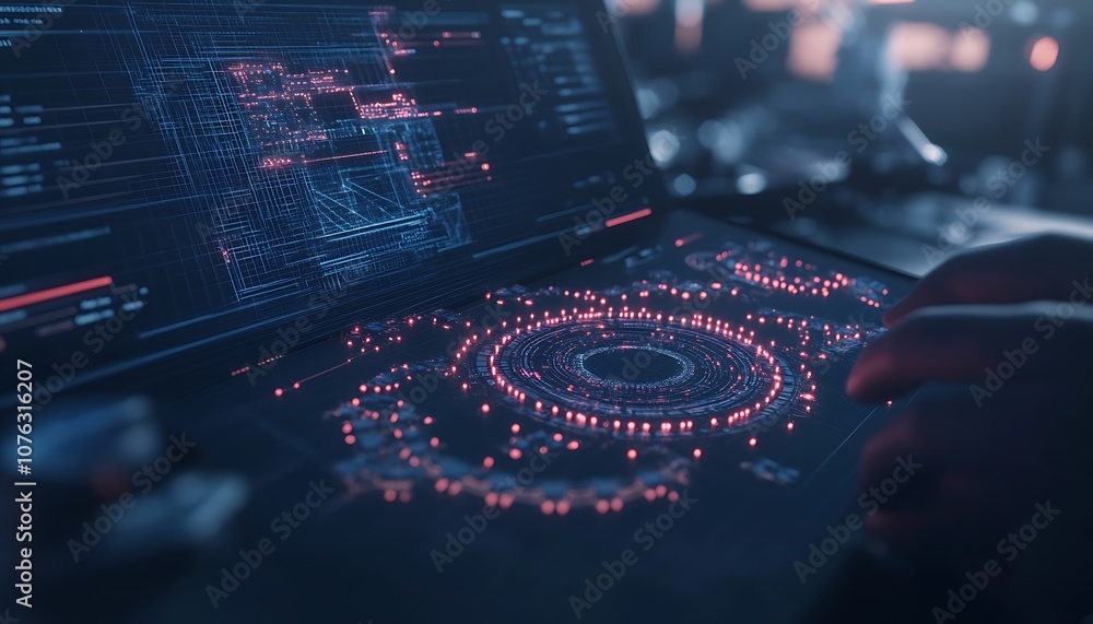 Poster A close-up of a futuristic interface displaying glowing data patterns and visualizations, with a focus on cyber technology and digital interactions.