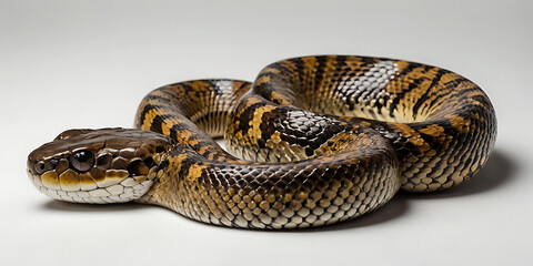 Obraz premium a coiled snake with various unique patterns and types, lying on a white background. Realistic view. created with generative AI