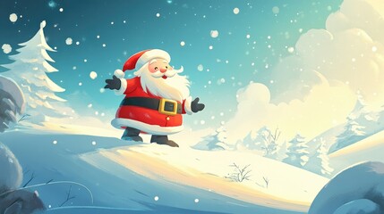 Obraz premium Cheerful Santa Claus in a Winter Wonderland Snow Scene with Pine Trees, Bright Blue Sky, and Gentle Snowfall Creating a Magical Holiday Atmosphere