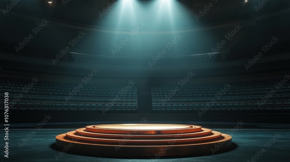 Poster a stage with a podium in the center. the podium is surrounded by a series of steps. the stage is emp