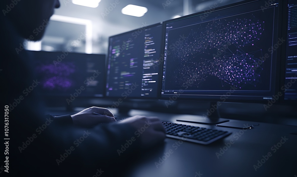 Fototapete A person is working at multiple computer screens displaying intricate code and data visualizations in a tech-focused environment.