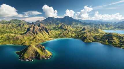 Obraz premium An aerial view of a tropical island with lush green mountains and a crystal clear blue ocean.