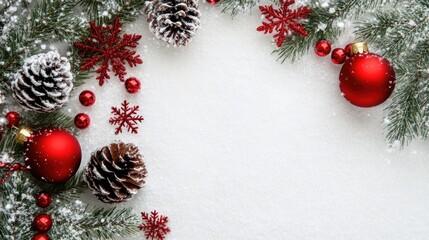 Festive Christmas Decorations Featuring Snowy Pine Cones, Red Ornaments, and Sparkling Snowflakes on a Winter Wonderland Background