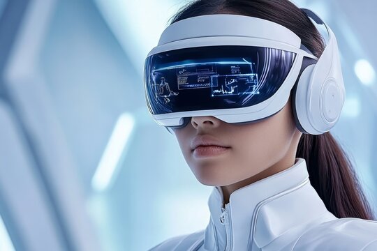 Employee in a futuristic workspace with VR headset and holographic tools, symbolizing the jobs of tomorrow
