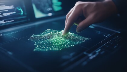 A hand interacts with a glowing digital interface featuring a network of points and connections, symbolizing advanced technology and data visualization.