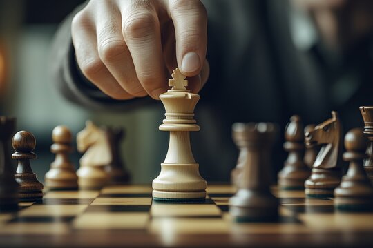 Close-up of a hand moving a white queen chess piece on a wooden chessboard. Other chess pieces visible, creating a strategic atmosphere