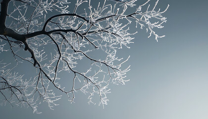 Frost covered tree branches against serene winter sky